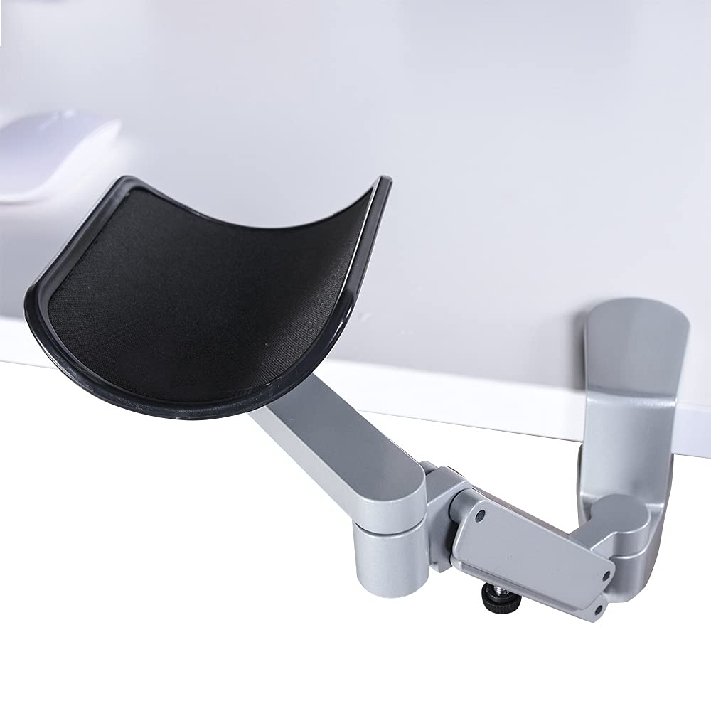 Universal Silver Clamp-on Desk Adjustable Armrest, Ergonomic Aluminum Arm Rest for Arm Support and Professional Gaming Computer Working