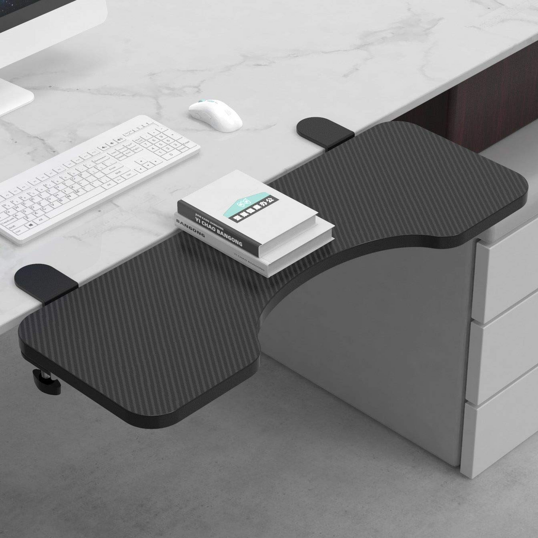 Ergonomics Desk Extender Arc Tray, 25.2"x9.5" Punch-Free Clamp on, Foldable Keyboard Drawer Tray, Table Mount Armrest Shelf, Computer Elbow Arm Support