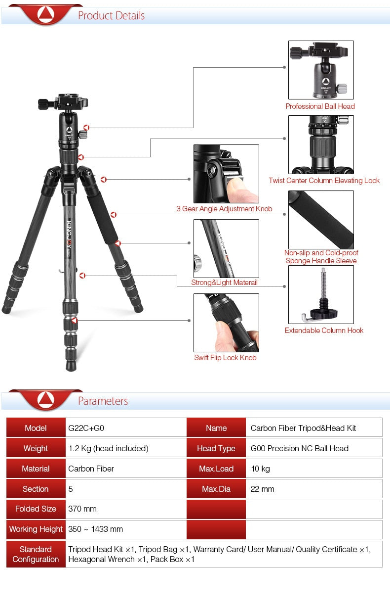 KINGJOY G22C Professional Carbon Fiber Tripod For Digital Camera Tripode Suitable For Travel Top Quality Camera Stand 143cm Max