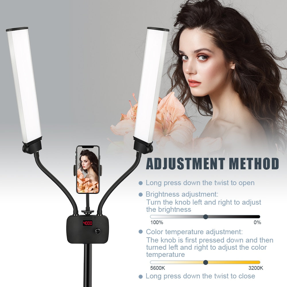 Double Arms LED Fill Light Photo Studio Long Strips LED Ring Lamp with Tripod LCD Screen 3200-5600K Photographic Selfie Lighting
