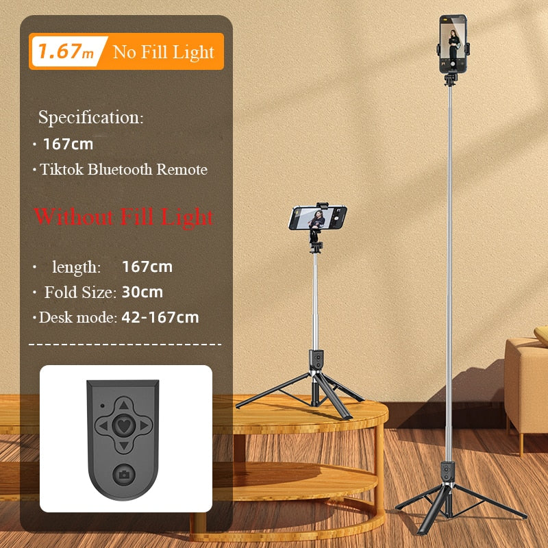 1.67M Long Extended Bluetooth Wireless Selfie Stick Live Broacast Stand Holder Tripod Foldable With Fill Light For Smartphones