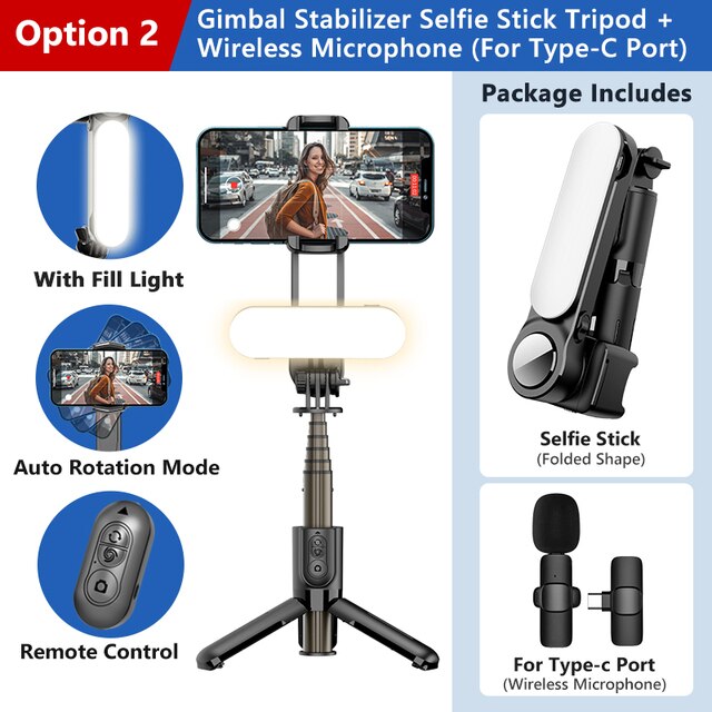 Smartphone Handheld Gimbal with Fill light Bluetooth Stabilizer Tripod selfie Stick Folding Gimbal for Xiaomi iPhone Samsung