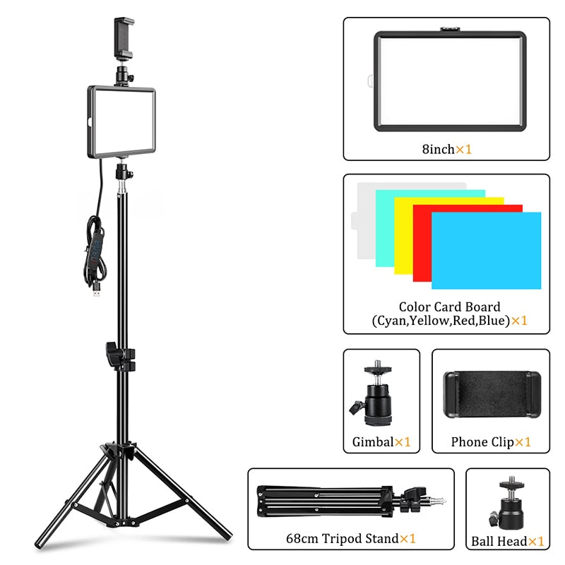 LED Video Light Photography Selfie Dimmable Panel Lighting Photo Studio Live Stream Fill Lamp Three Color With Tripod Stand