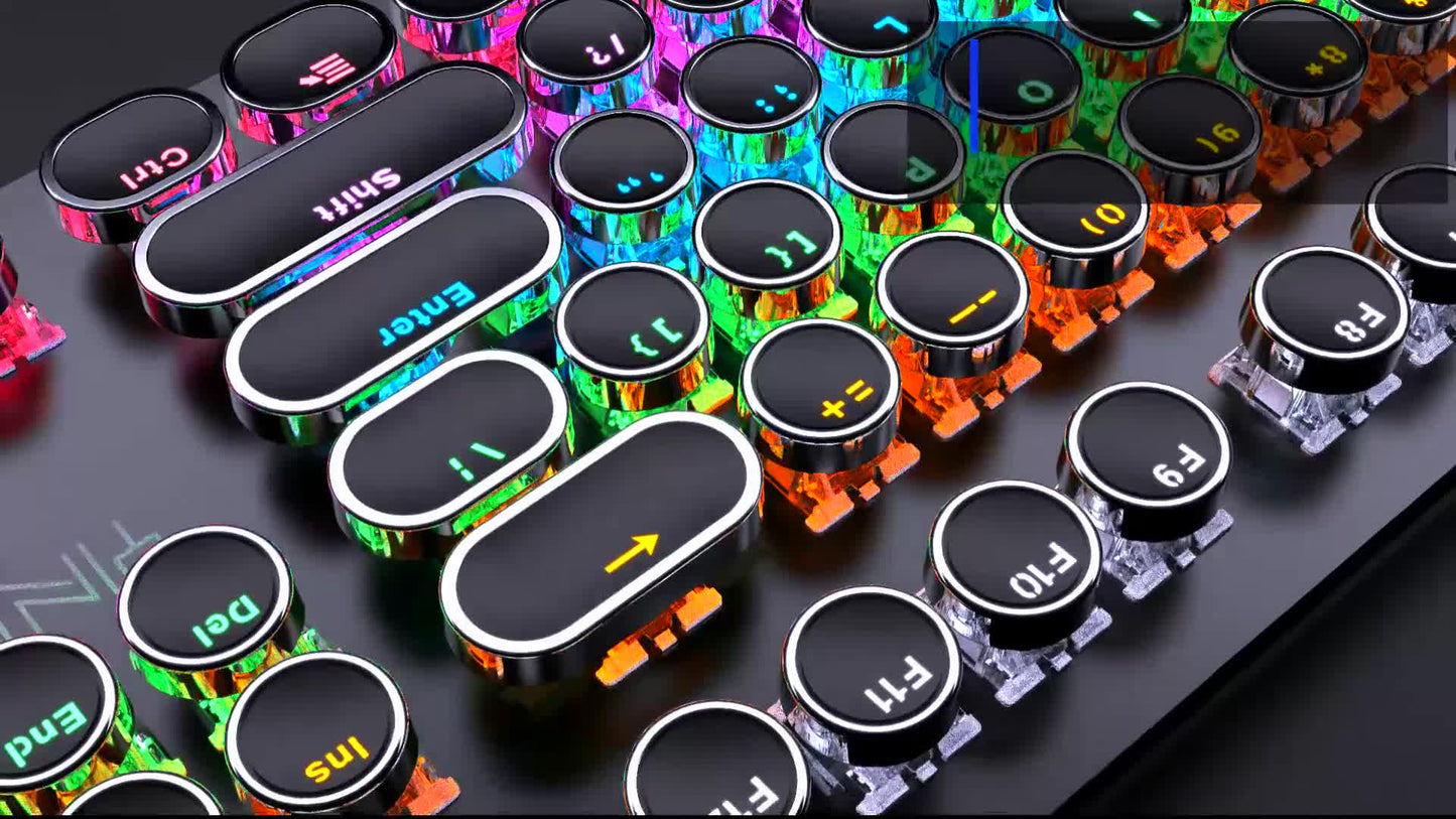 Typewriter Style Mechanical Gaming Keyboard, RGB LED Backlit Wired Keyboard with Blue Switch Retro Steampunk Round Keycap