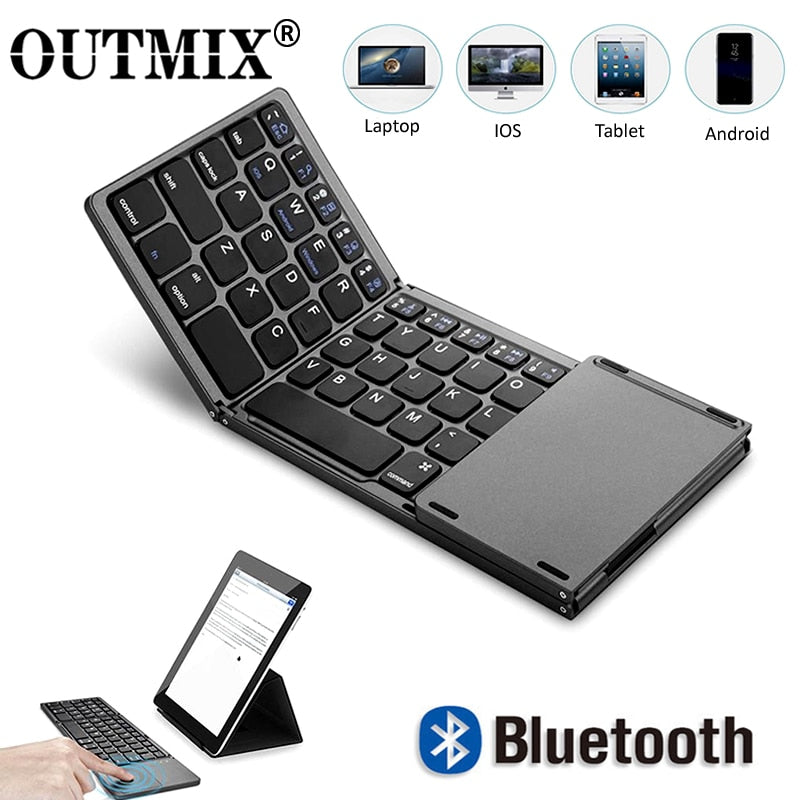 OUTMIX New Portable Mini Three Folding Bluetooth Keyboard Wireless Foldable Touchpad Keypad for IOS Android Windows ipad Tablet