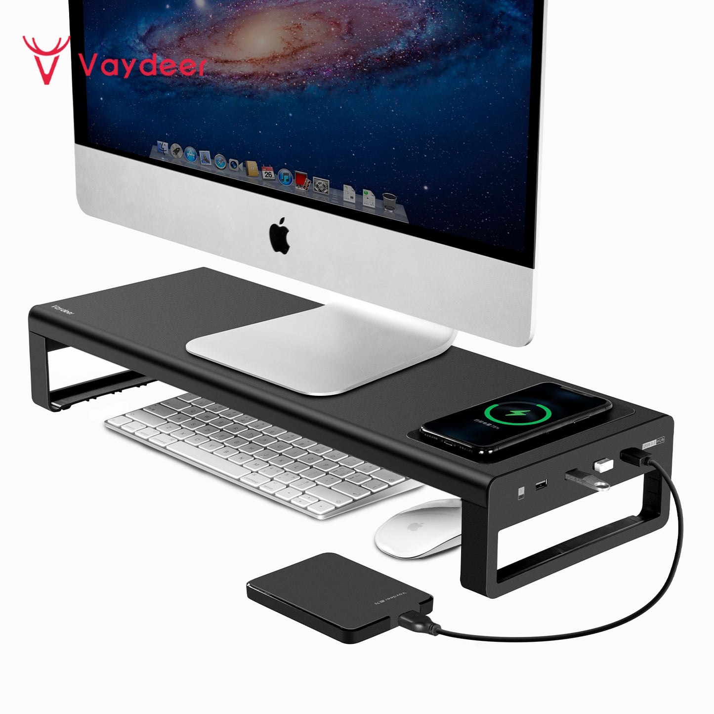 USB3.0 Wireless Charging Aluminum Monitor Stand Riser Support Transfer Data and Charging,Keyboard and Mouse Storage Desk