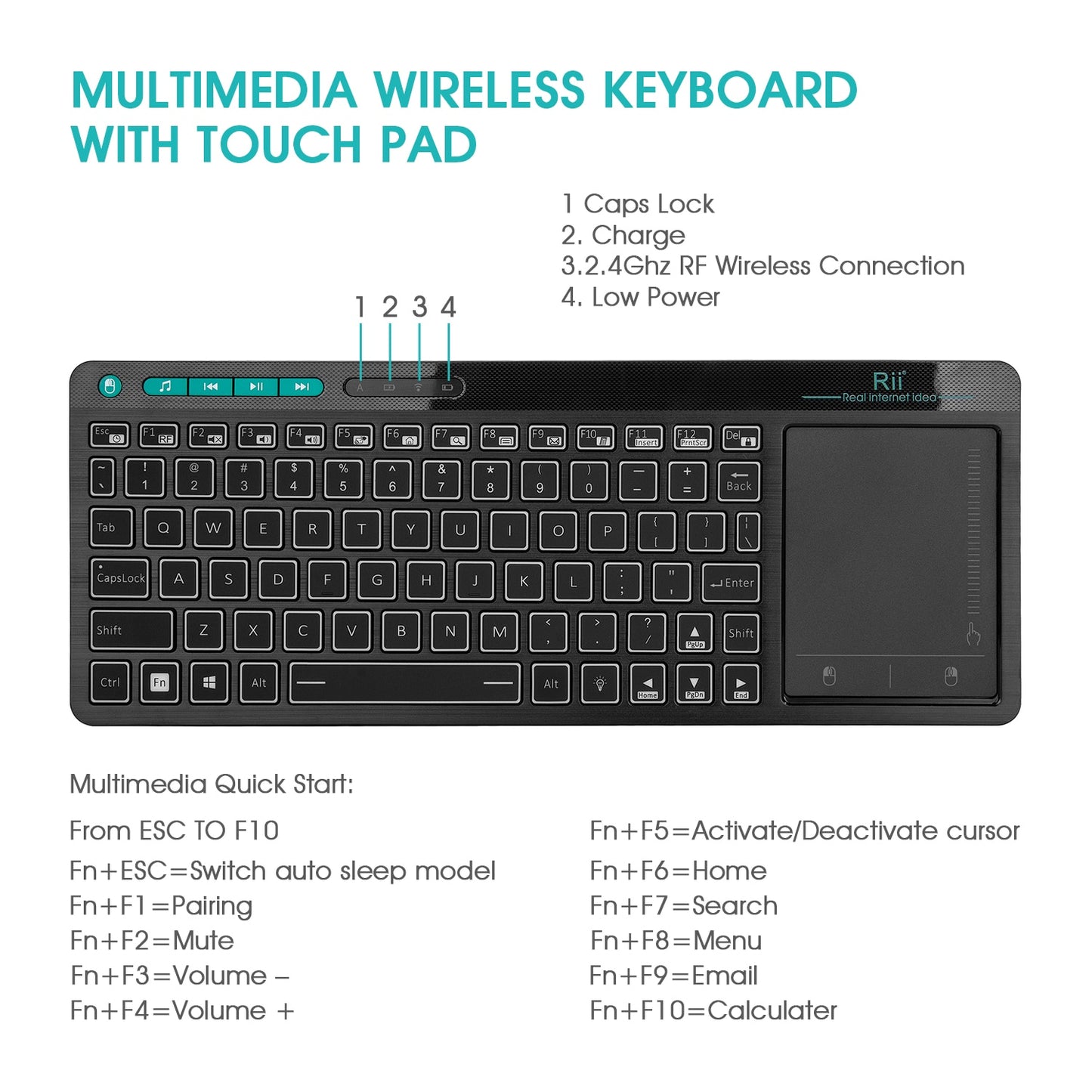 Rii K18 Plus Wireless Multimedia English Russian French Hebrew Keyboard 3-LED Color Backlit with Multi-Touch for TV Box,PC
