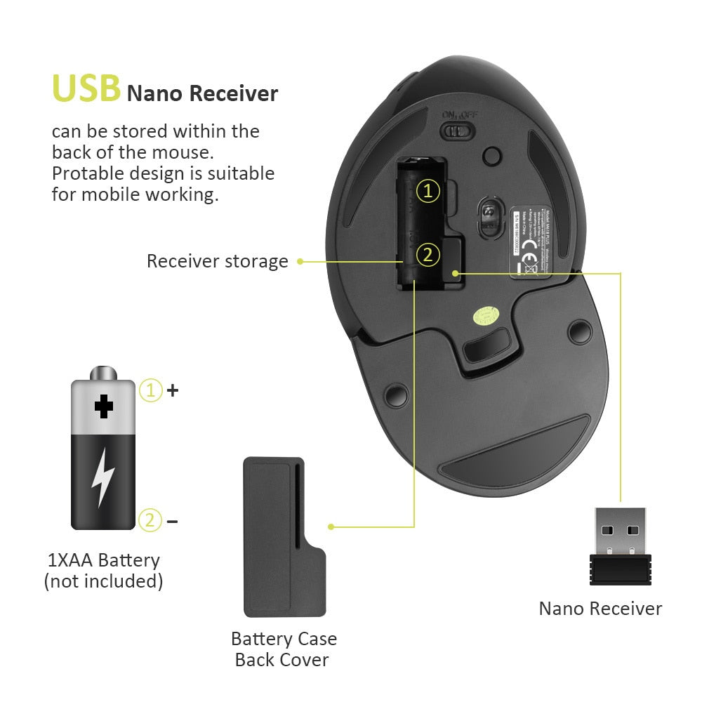M618 Plus Ergonomic Vertical Wireless Mouse 1600 DPI 6 Function Buttons Optical Mice with Removable Palm Rest For Computer