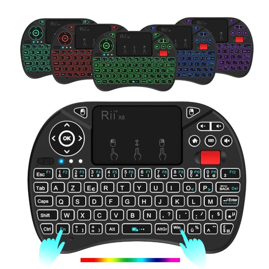 Original Rii X8 2.4GHz AZERTY Mini French Wireless Keyboard with Touchpad, changeable color LED Backlit, Li-ion Battery