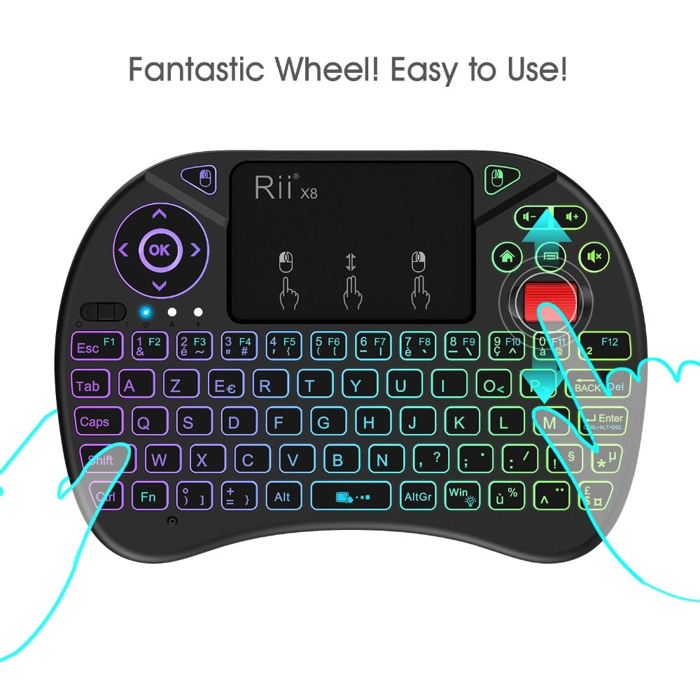 Original Rii X8 2.4GHz AZERTY Mini French Wireless Keyboard with Touchpad, changeable color LED Backlit, Li-ion Battery