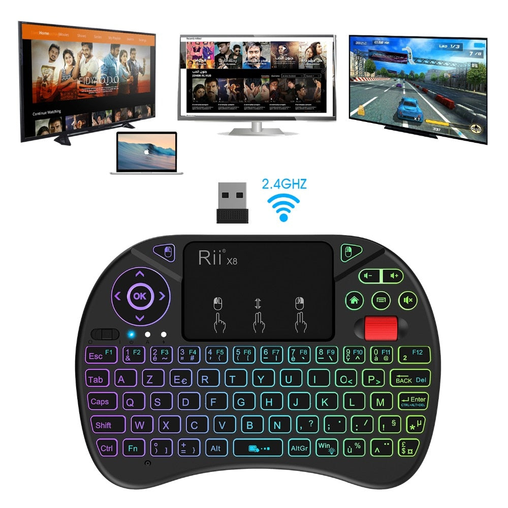 Original Rii X8 2.4GHz AZERTY Mini French Wireless Keyboard with Touchpad, changeable color LED Backlit, Li-ion Battery