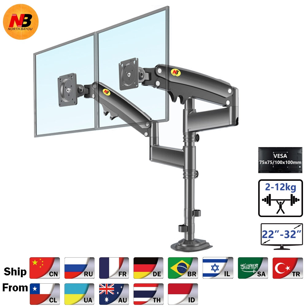 NB NEW H180 22"-32"Double monitor desk Holder Arm Gas Spring Full Motion LCD TV Mount 2-12kg ergonomica dual arm clamp bracket