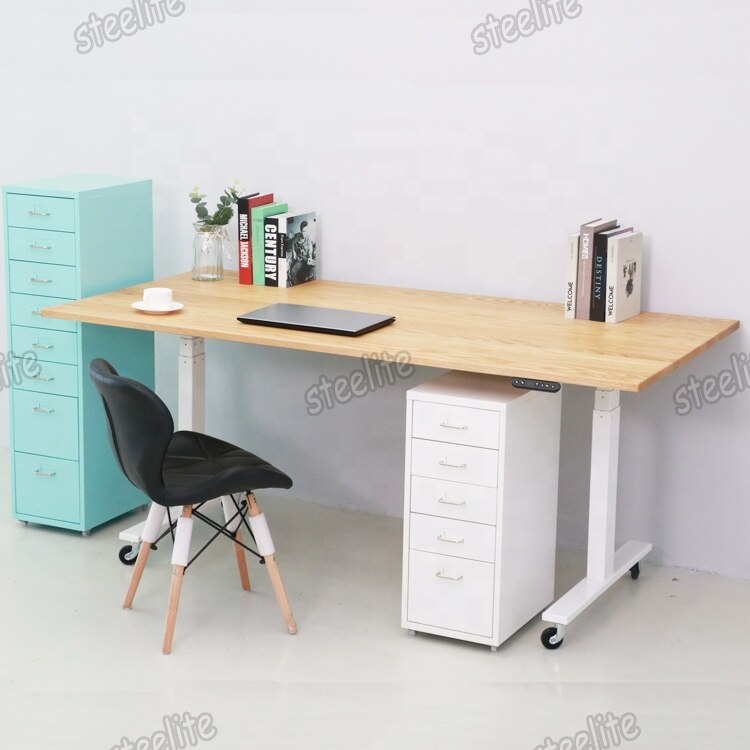 Office Home Electric Height Adjustable Table Desk Steel Frame Wooden Top Standing Table