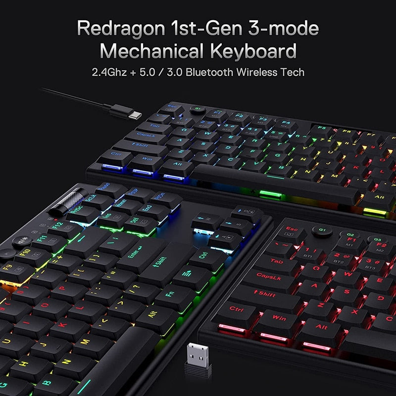 Redragon K621 Horus Wireless RGB Mechanical Keyboard 5.0 BT/2.4 Ghz/Wired Three Modes Ultra-Thin Low Profile Bluetooth Keyboard