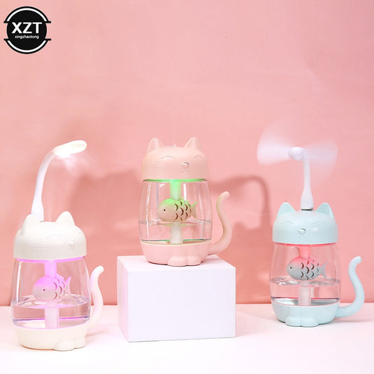 350ML Cat Air Humidifier With Color LED Light Ultrasonic 3 In 1 Adorable Cat Eat Fish Humidificador USB Aroma Diffuser Fogger