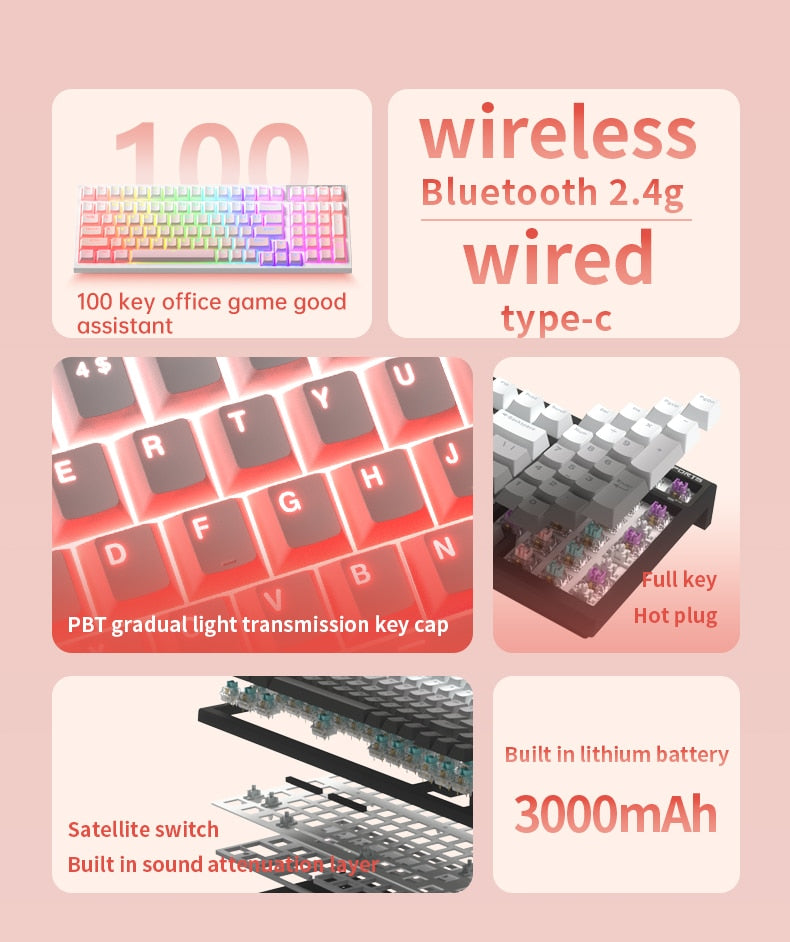 FL·ESPORTS FL100 Three-Mode Mechanical Keyboard 100 Keys RGB Hot-Swappable 2.4G Wireless Bluetooth Wired Win/Mac/iPad