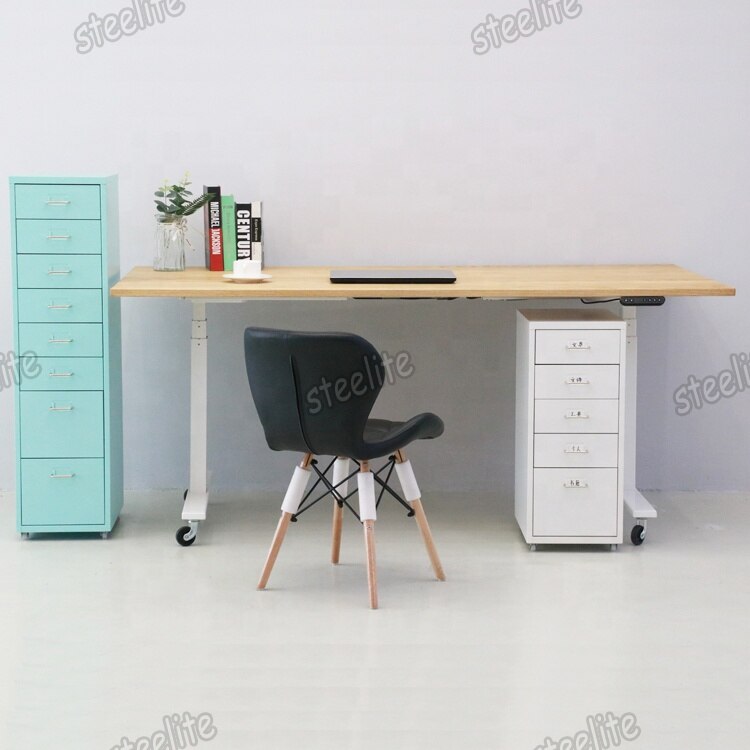 Office Home Electric Height Adjustable Table Desk Steel Frame Wooden Top Standing Table