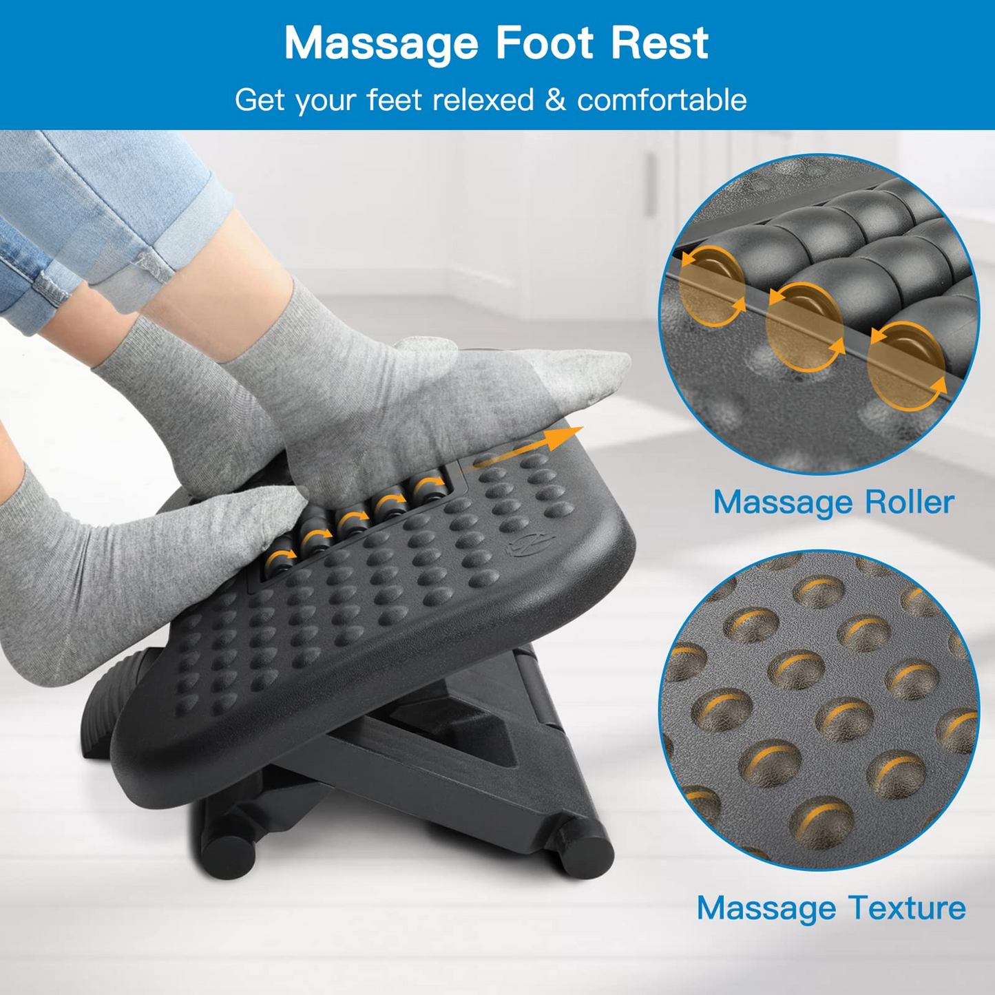 Footrest Under Desk - Adjustable Foot Rest with Massage Texture and Roller, Ergonomic Foot Rest with 3 Height Position, 30 Degree Tilt Angle Adjustment for Home, Office