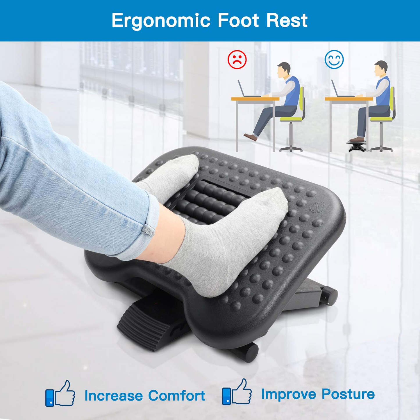 Footrest Under Desk - Adjustable Foot Rest with Massage Texture and Roller, Ergonomic Foot Rest with 3 Height Position, 30 Degree Tilt Angle Adjustment for Home, Office