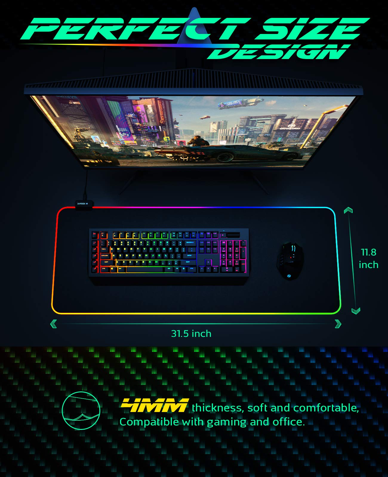 RGB Gaming Mouse Pad, Large Extended Soft Led Mouse Pad with 14 Lighting Modes 2 Brightness Levels, Computer Keyboard Mousepads Mat 800 x 300mm / 31.5×11.8 inches